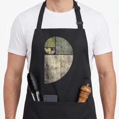 Sequence golden apron - Abstract spiral composed of olive, green, grey, and beige geometric rectangles forming a curved — shown on a black cotton canvas apron against a white background