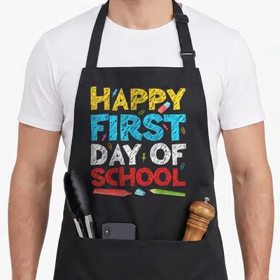 School day family apron - Stacked Happy First Day of School text in yellow blue white red with eraser pencil — shown on a black cotton canvas apron against a white background