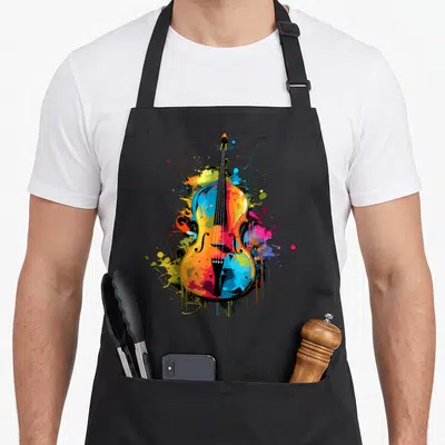 Bass upright double apron - Multi-colored cello with blue yellow red magenta and black watercolor paint splatters — shown on a black cotton canvas apron against a white background