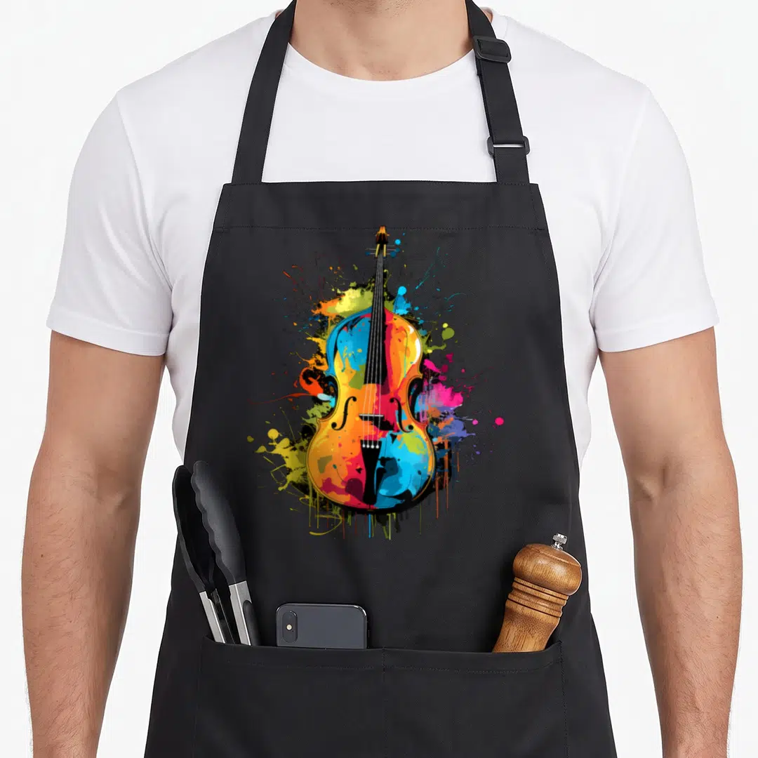 Bass upright double apron - Multi-colored cello with blue yellow red magenta and black watercolor paint splatters — shown on a black cotton canvas apron against a white background
