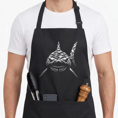 Animal science apron - Minimalist shark head formed by cluster of smaller white and grey fish silhouettes — shown on a black cotton canvas apron against a white background