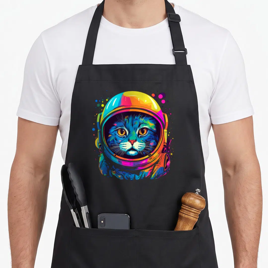 Astronaut space cat apron - Blue cat face inside rainbow astronaut helmet surrounded by paint splatters — shown on a black cotton canvas apron against a white background