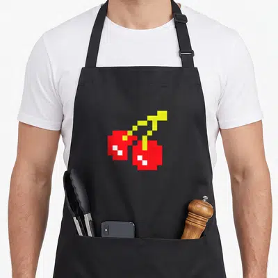 Video cherry apron - Two red pixelated cherries with yellow stems and white highlights on a black background — shown on a black cotton canvas apron against a white background