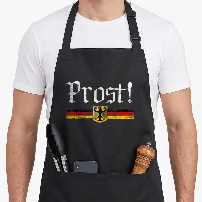 Drinking german apron - White Prost text over distressed black red yellow flag with black eagle coat of arms — shown on a black cotton canvas apron against a white background