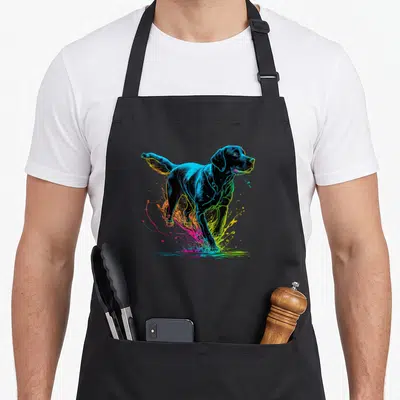 Animal labrador apron - Realistic black dog running with blue pink yellow green paint splashes under paws — shown on a black cotton canvas apron against a white background