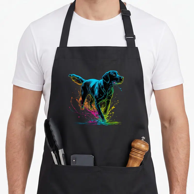 Animal labrador apron - Realistic black dog running with blue pink yellow green paint splashes under paws — shown on a black cotton canvas apron against a white background