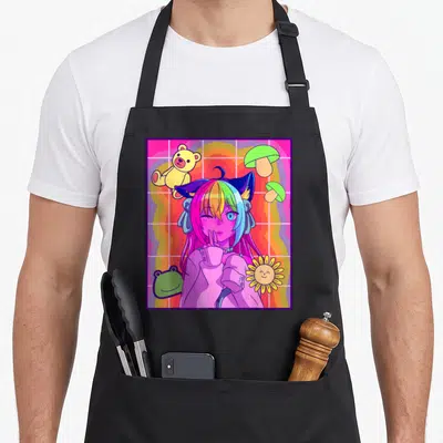 Kidcore anime apron - Rainbow-haired anime girl winking with teddy bear, mushrooms, frog, and sunflower on pink grid — shown on a black cotton canvas apron against a white background