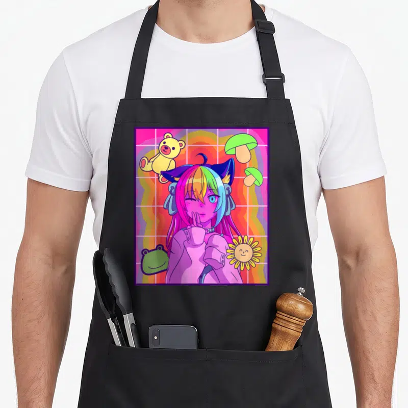 Kidcore anime apron - Rainbow-haired anime girl winking with teddy bear, mushrooms, frog, and sunflower on pink grid — shown on a black cotton canvas apron against a white background