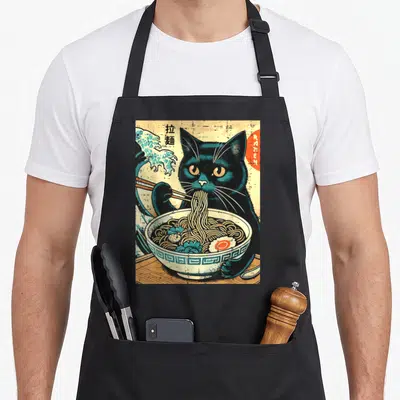 Japanese ramen cat apron - Black cat eating ramen with vertical text and Great Wave in retro blue red and tan — shown on a black cotton canvas apron against a white background