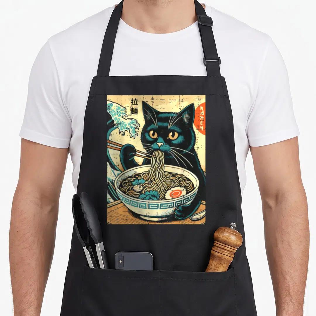 Japanese ramen cat apron - Black cat eating ramen with vertical text and Great Wave in retro blue red and tan — shown on a black cotton canvas apron against a white background