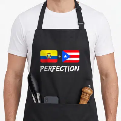 Ecuadorian heritage aprons - Two flags separated by plus sign above white PERFECTION text — shown on a black cotton canvas apron against a white background