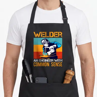Cute welding welder dad apron - Retro graphic of welder in mask with horizontal orange blue teal red stripes and text — shown on a black cotton canvas apron against a white background