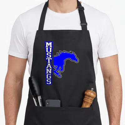 School mustang apron - Vertical MUSTANGS text beside blue horse silhouette with black outline — shown on a black cotton canvas apron against a white background
