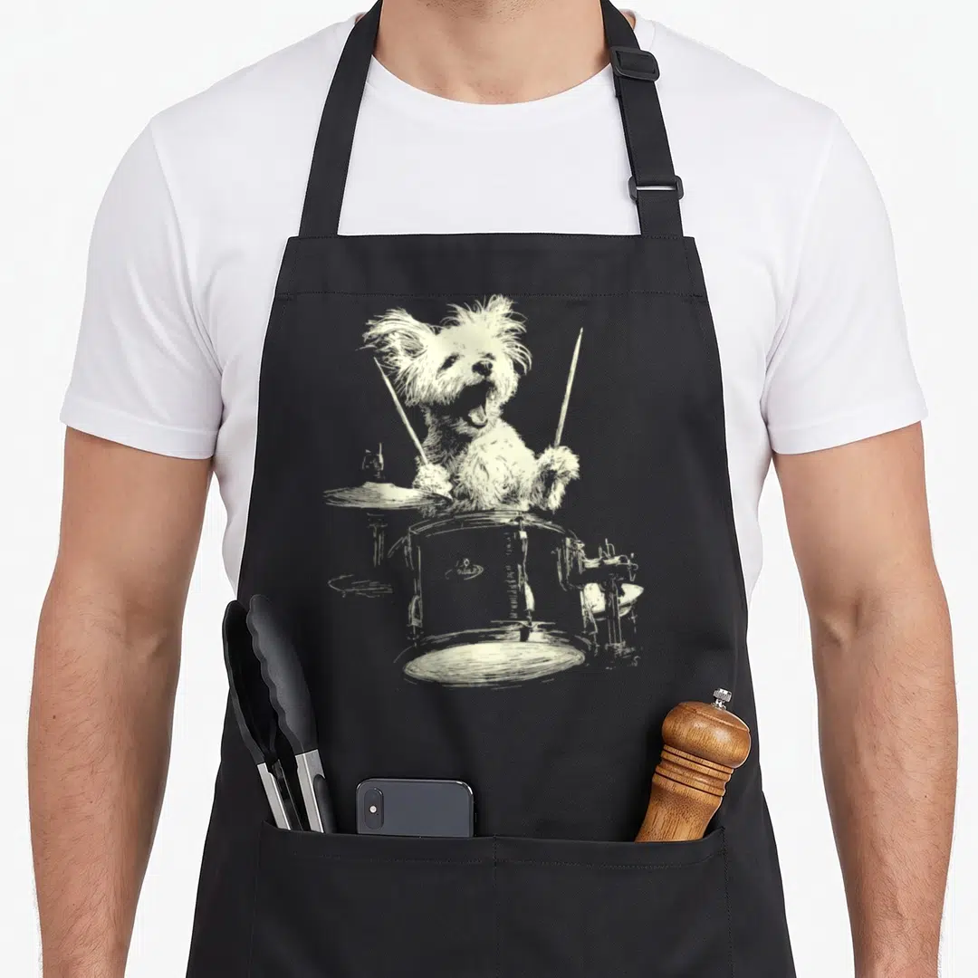 Drum dog apron - Cream line art of a dog holding drumsticks behind a snare drum and cymbal — shown on a black cotton canvas apron against a white background