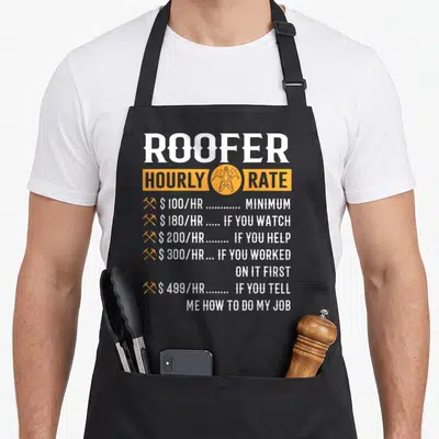 Hourly roofer squad apron - White and orange typography listing roofer hourly rates with crossed hammer icons on grey — shown on a black cotton canvas apron against a white background