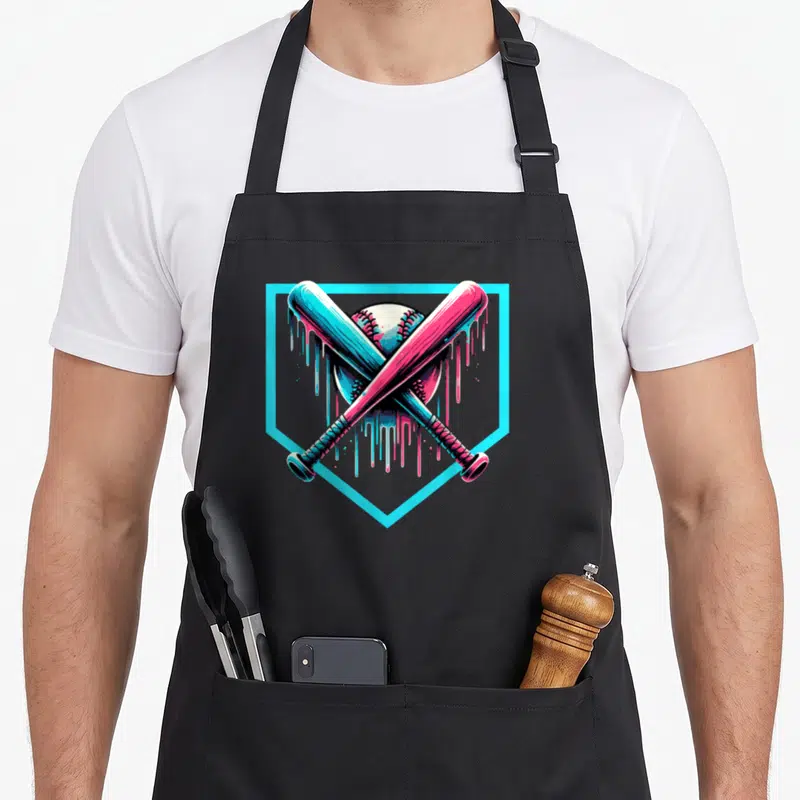 Baseball drip apron - Two crossed bats and white ball inside cyan shield with dripping paint in magenta and white — shown on a black cotton canvas apron against a white background