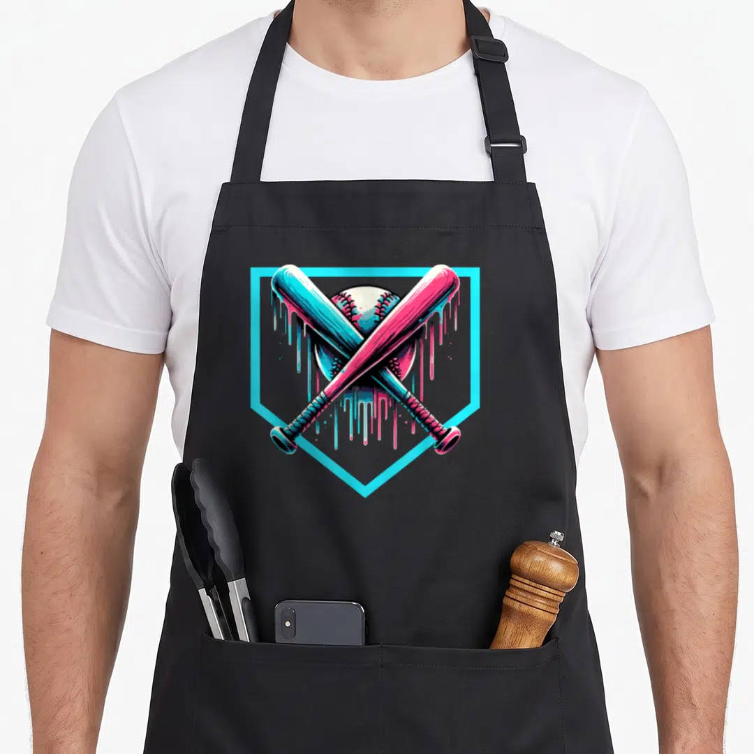 Baseball drip apron - Two crossed bats and white ball inside cyan shield with dripping paint in magenta and white — shown on a black cotton canvas apron against a white background