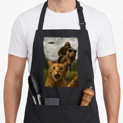 Rex funny cat apron - Shocked orange cat selfie with T-Rex, gorilla, and UFO in photo style — shown on a black cotton canvas apron against a white background