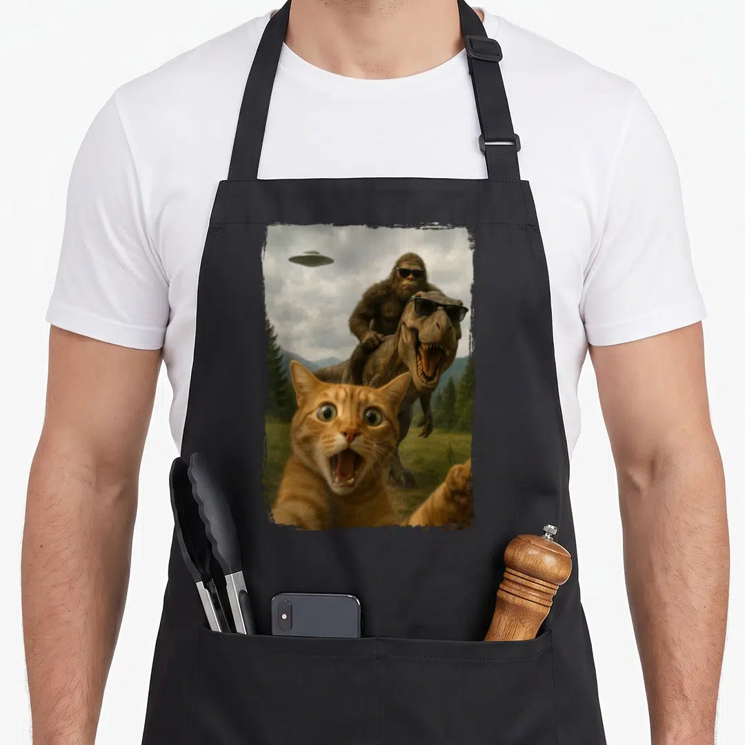 Rex funny cat apron - Shocked orange cat selfie with T-Rex, gorilla, and UFO in photo style — shown on a black cotton canvas apron against a white background