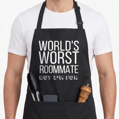 Worst funny graduation apron - White stacked text reading World's Worst Roommate But I'm Fun on black fabric — shown on a black cotton canvas apron against a white background
