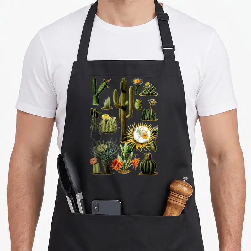 70s boho apron - Vintage botanical illustration of assorted cacti and succulents in green yellow white and orange — shown on a black cotton canvas apron against a white background
