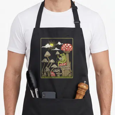 Goblincore frog cottagecore apron - Cartoon green frog on red spotted mushroom in forest with sun and clouds inside — shown on a black cotton canvas apron against a white background