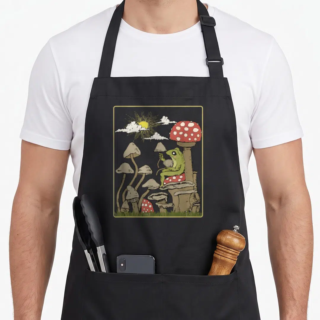 Goblincore frog cottagecore apron - Cartoon green frog on red spotted mushroom in forest with sun and clouds inside — shown on a black cotton canvas apron against a white background