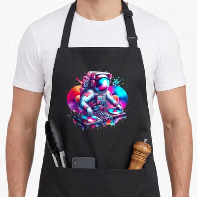 Edm astronaut space apron - Cartoon astronaut DJing with two vinyl records and colorful paint splatters in blue pink — shown on a black cotton canvas apron against a white background