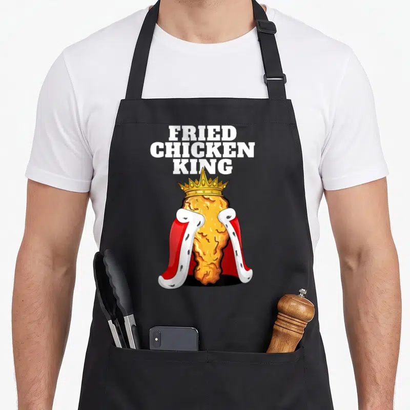 King chicken apron - Cartoon fried chicken drumstick wearing gold crown and red cape under stacked white text — shown on a black cotton canvas apron against a white background