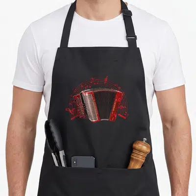 Air husband apron - Red Hohner accordion with gold text and red musical note arch — shown on a black cotton canvas apron against a white background