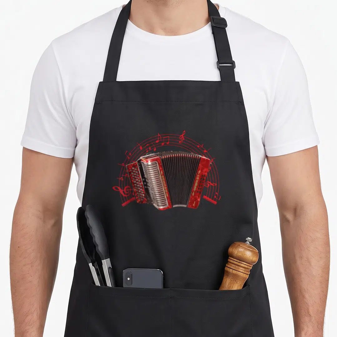Air husband apron - Red Hohner accordion with gold text and red musical note arch — shown on a black cotton canvas apron against a white background