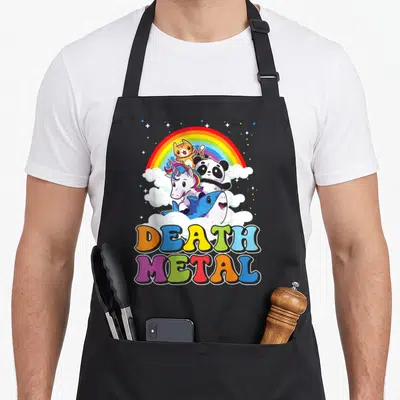 Unicorn heavy metal apron - Stacked cat, panda, unicorn, and shark under rainbow with colorful DEATH METAL text — shown on a black cotton canvas apron against a white background