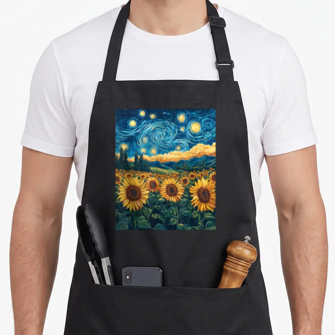 Sunflower floral van gogh apron - Sunflowers in a field under a swirling blue starry night sky painted in watercolor — shown on a black cotton canvas apron against a white background