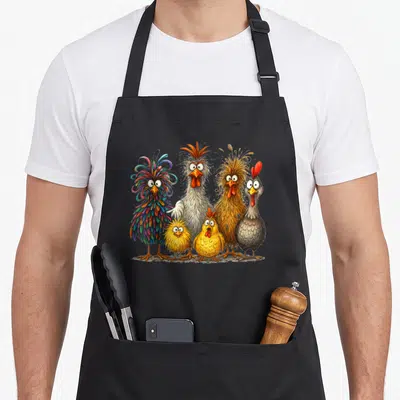 Colorful family chicken apron - Six cartoon chickens in blue yellow orange grey white clustered together — shown on a black cotton canvas apron against a white background
