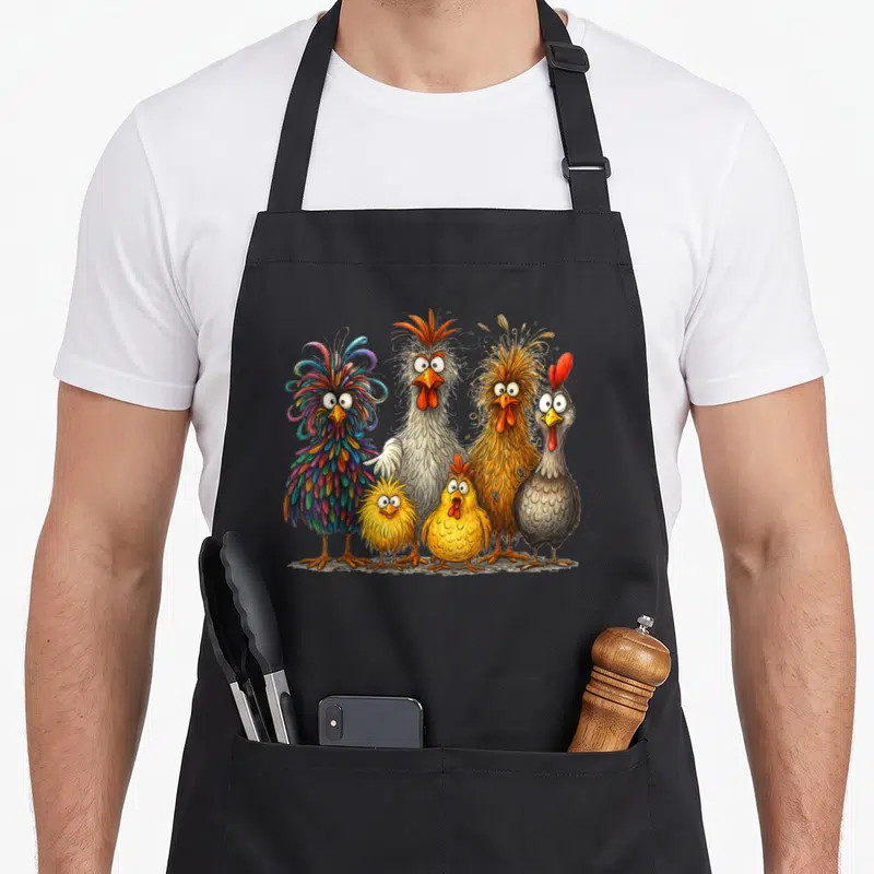Colorful family chicken apron - Six cartoon chickens in blue yellow orange grey white clustered together — shown on a black cotton canvas apron against a white background