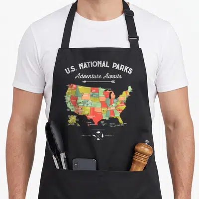 Park map camping apron - U.S. National Parks map with Adventure Awaits text and preserve protect fish tree graphic — shown on a black cotton canvas apron against a white background