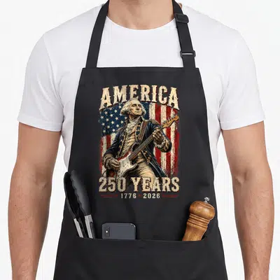 George playing guitar apron - Washington playing guitar in front of distressed flag with America 250 years text — shown on a black cotton canvas apron against a white background