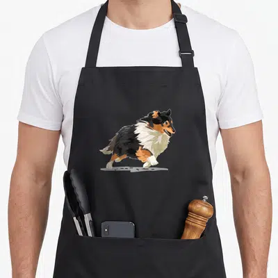 Sheltie dog apron - Running cartoon Shetland Sheepdog illustration in black tan and white colors — shown on a black cotton canvas apron against a white background
