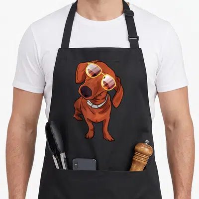 Cute dog dachshund apron - Brown cartoon dog wearing yellow sunglasses and a white collar on a black background — shown on a black cotton canvas apron against a white background