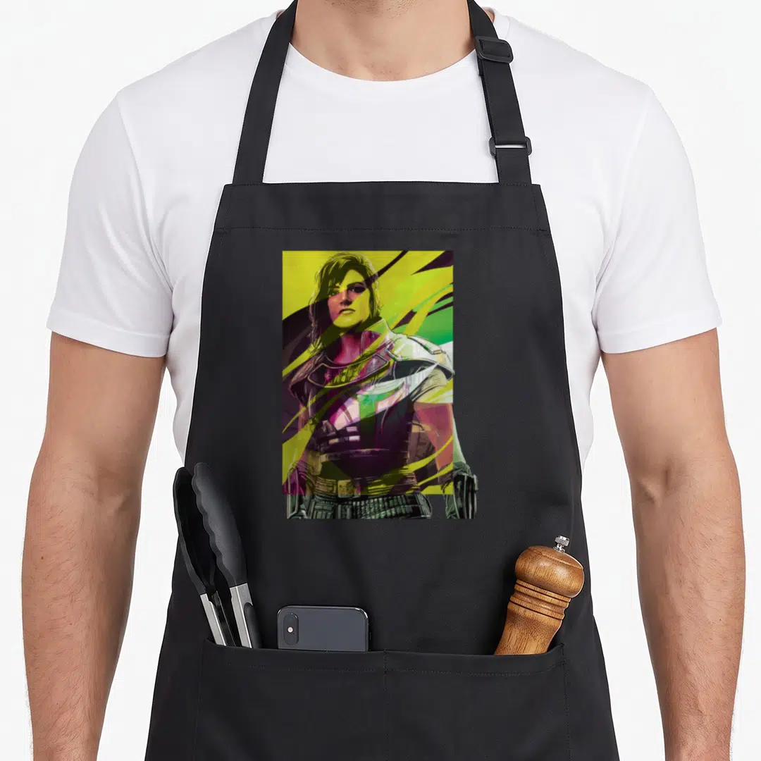 Funny cara dunes apron - Retro portrait of a woman in armor with yellow geometric streaks — shown on a black cotton canvas apron against a white background