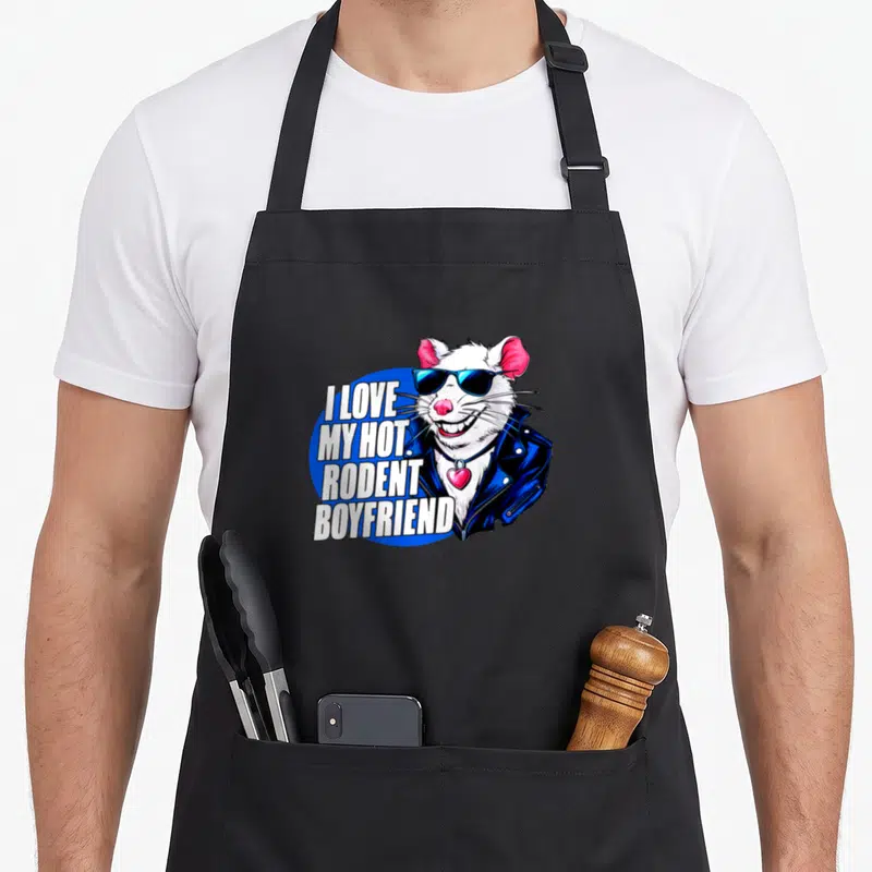 Rat mice i love my mouse apron - Cartoon rat in sunglasses and leather jacket beside stacked white text on blue circle — shown on a black cotton canvas apron against a white background