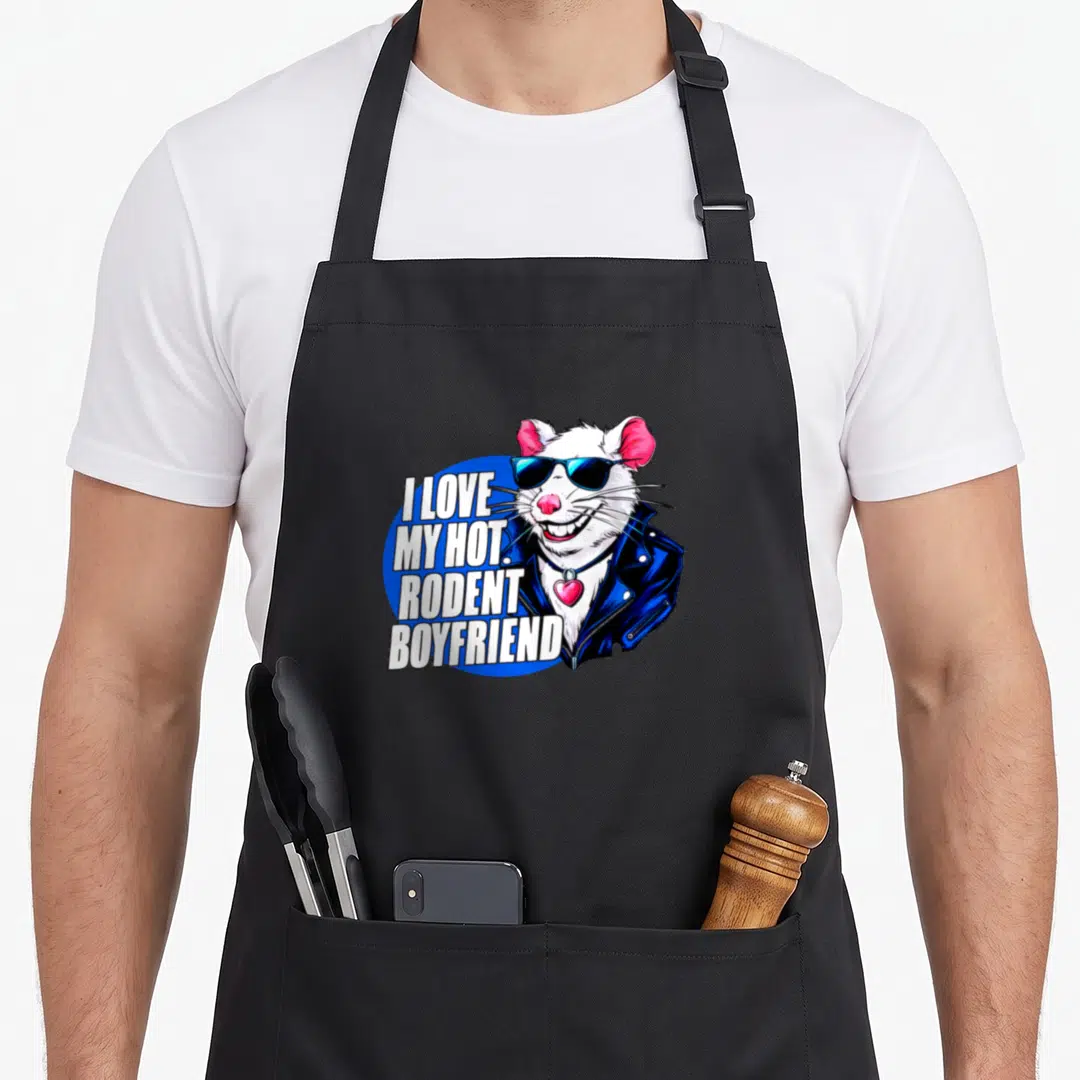 Rat mice i love my mouse apron - Cartoon rat in sunglasses and leather jacket beside stacked white text on blue circle — shown on a black cotton canvas apron against a white background