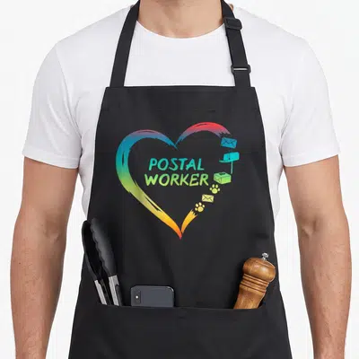Post service apron - Rainbow heart with POSTAL WORKER text, envelope, mailbox, package, and paw prints — shown on a black cotton canvas apron against a white background
