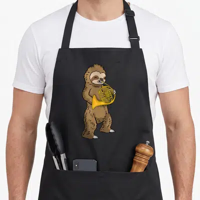 Sloth french apron - Cartoon brown sloth standing playing yellow french horn — shown on a black cotton canvas apron against a white background