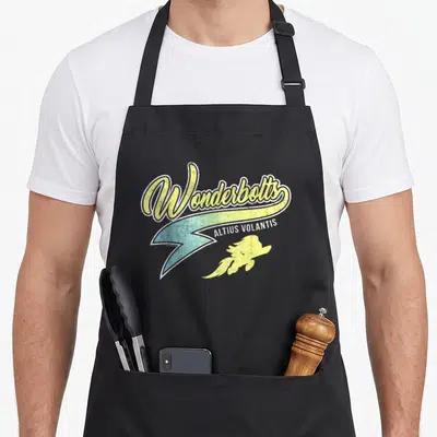 Wonderbolt magic apron - Wonderbolts script over gradient lightning bolt with Altius Volantis text and small cloud — shown on a black cotton canvas apron against a white background