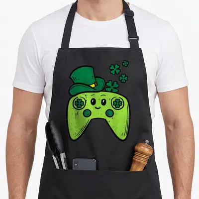 Controller st patrick day aprons - Cartoon game controller with face wearing leprechaun hat surrounded by four — shown on a black cotton canvas apron against a white background