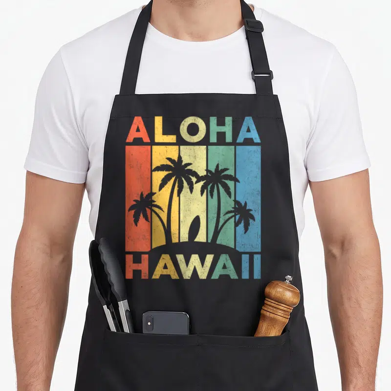 Hawaii kitchen island apron - Retro ALOHA HAWAII text with palm tree silhouettes over five colored vertical stripes — shown on a black cotton canvas apron against a white background