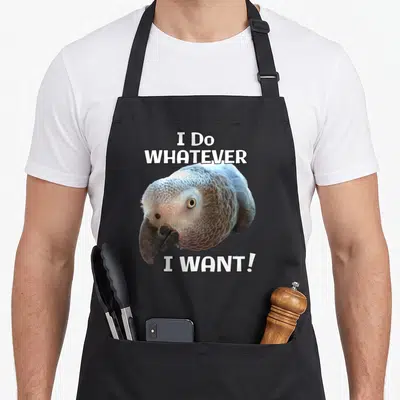 Whatever african aprons - Grey parrot photo between white text blocks reading I Do WHATEVER I WANT! — shown on a black cotton canvas apron against a white background