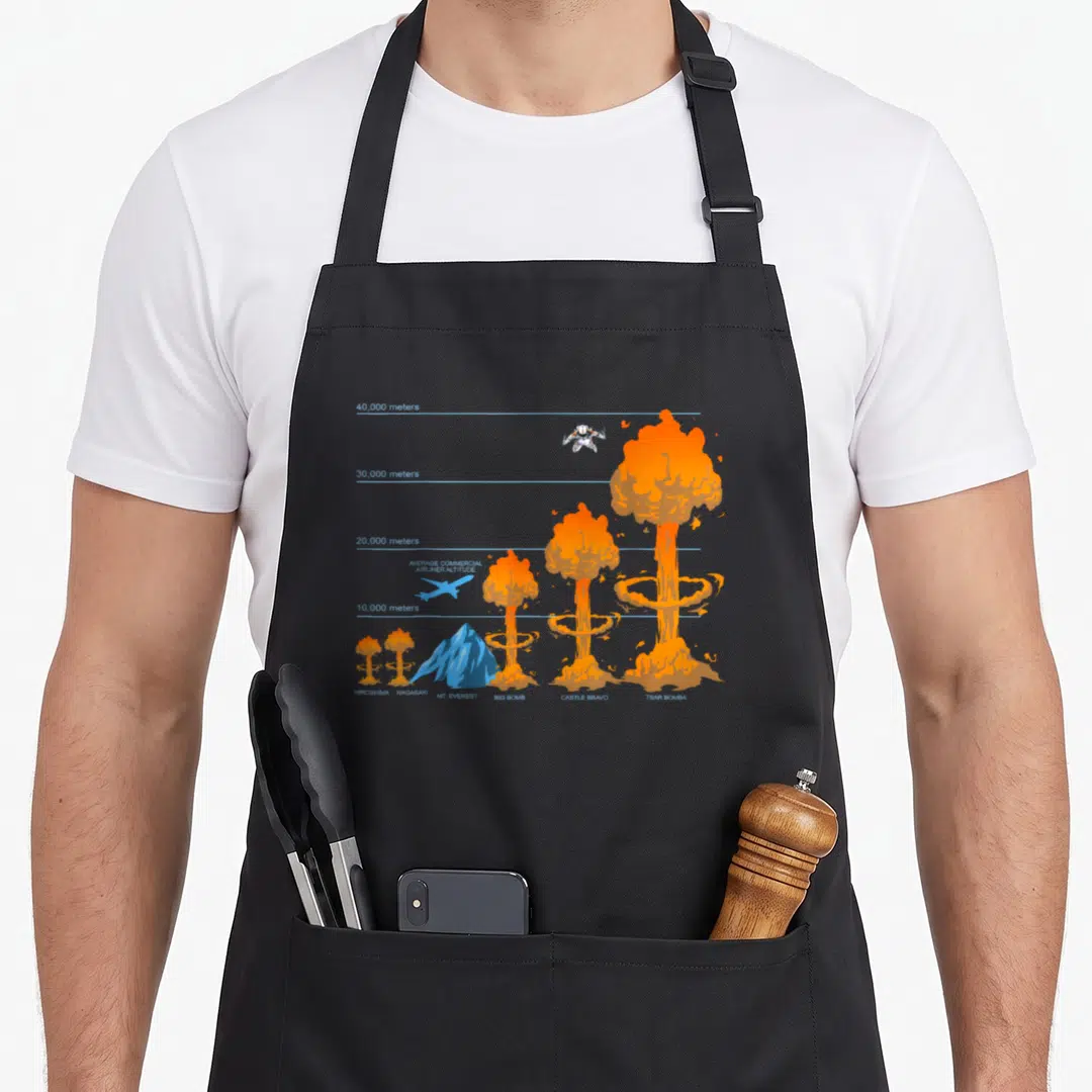Extreme mushroom apron - Chart ranking nuclear explosions from Hiroshima to Tsar Bomba against airliner altitudes — shown on a black cotton canvas apron against a white background