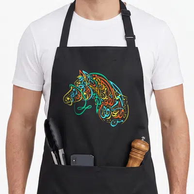 Arabic colorful aprons - Horse head silhouette formed by blue orange yellow and green Arabic calligraphic strokes — shown on a black cotton canvas apron against a white background